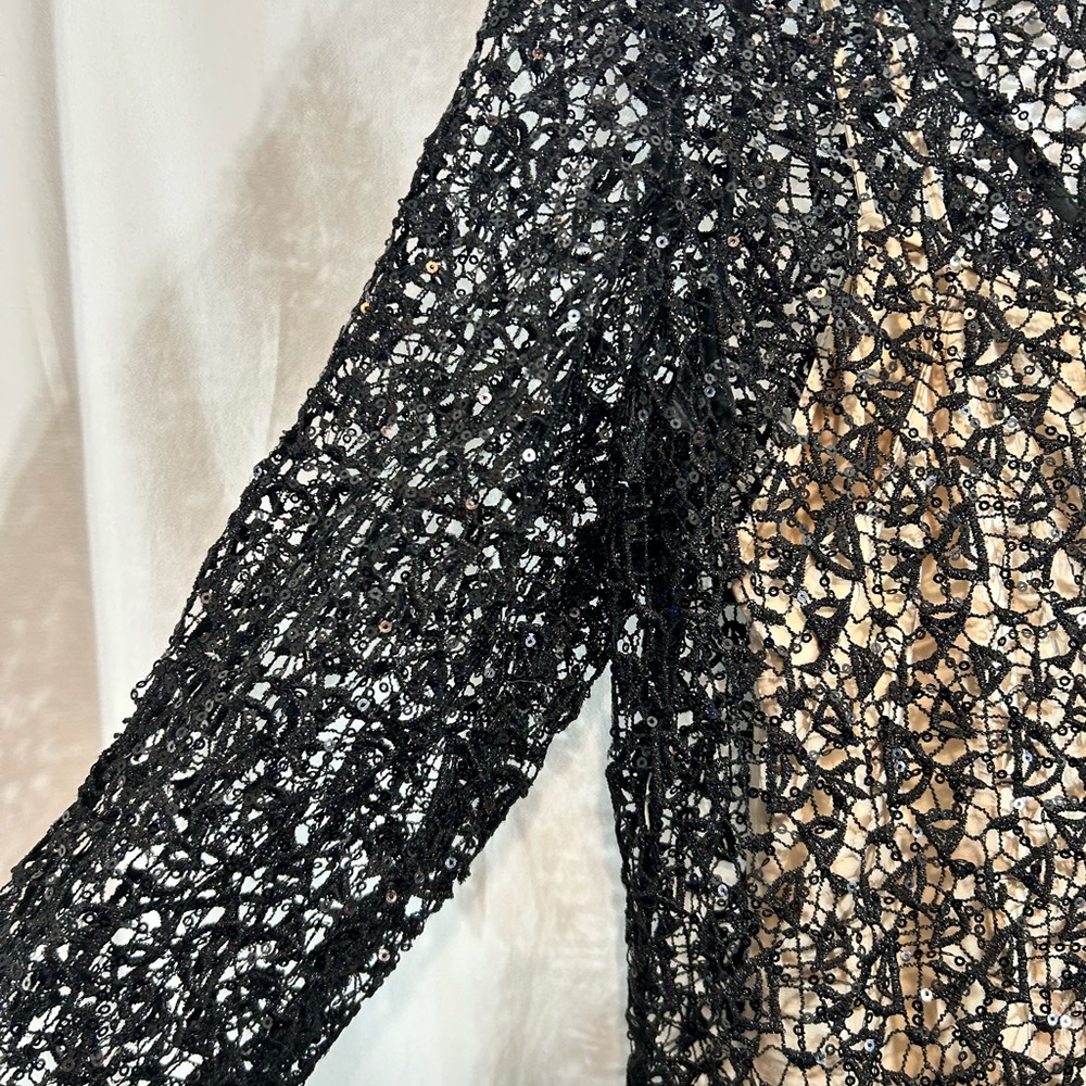 Kay Unger Black and Beige Cocktail Dress Black Lace/Tiny Sequins Size 10 - Picture 12 of 13